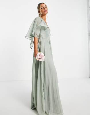 ASOS Design Ruched Bust Off Shoulder Cut Out Babydoll Maxi Dress in Light Green