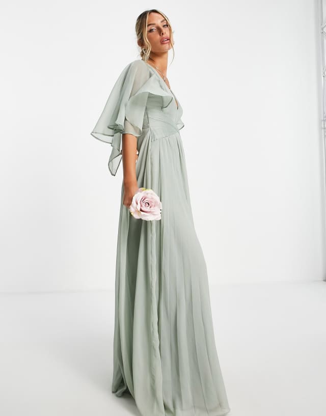 ASOS DESIGN Bridesmaid ruched bodice drape maxi dress with wrap waist and flutter cape sleeve in olive