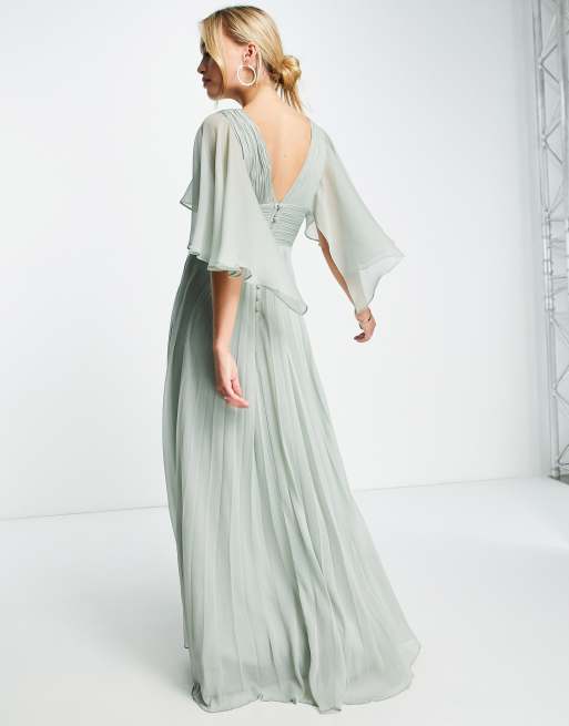 ASOS DESIGN Bridesmaid ruched bodice drape maxi dress with wrap waist and flutter cape sleeve in olive