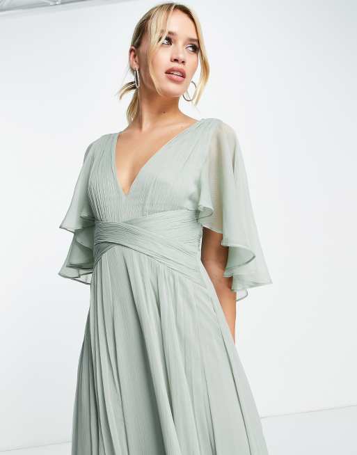 ASOS DESIGN Bridesmaid ruched bodice drape maxi dress with wrap waist and  flutter cape sleeve in olive