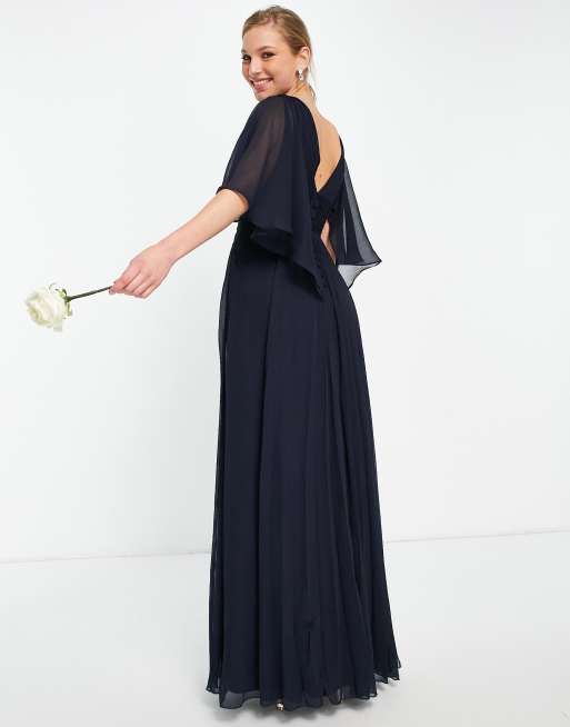 ASOS DESIGN Bridesmaid ruched bodice drape maxi dress with wrap waist and  flutter cape sleeve