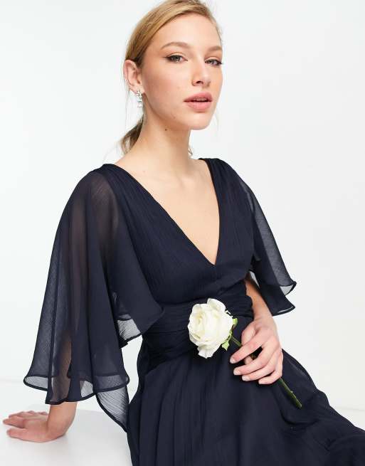 ASOS DESIGN Bridesmaid ruched bodice drape maxi dress with wrap waist, Blue  