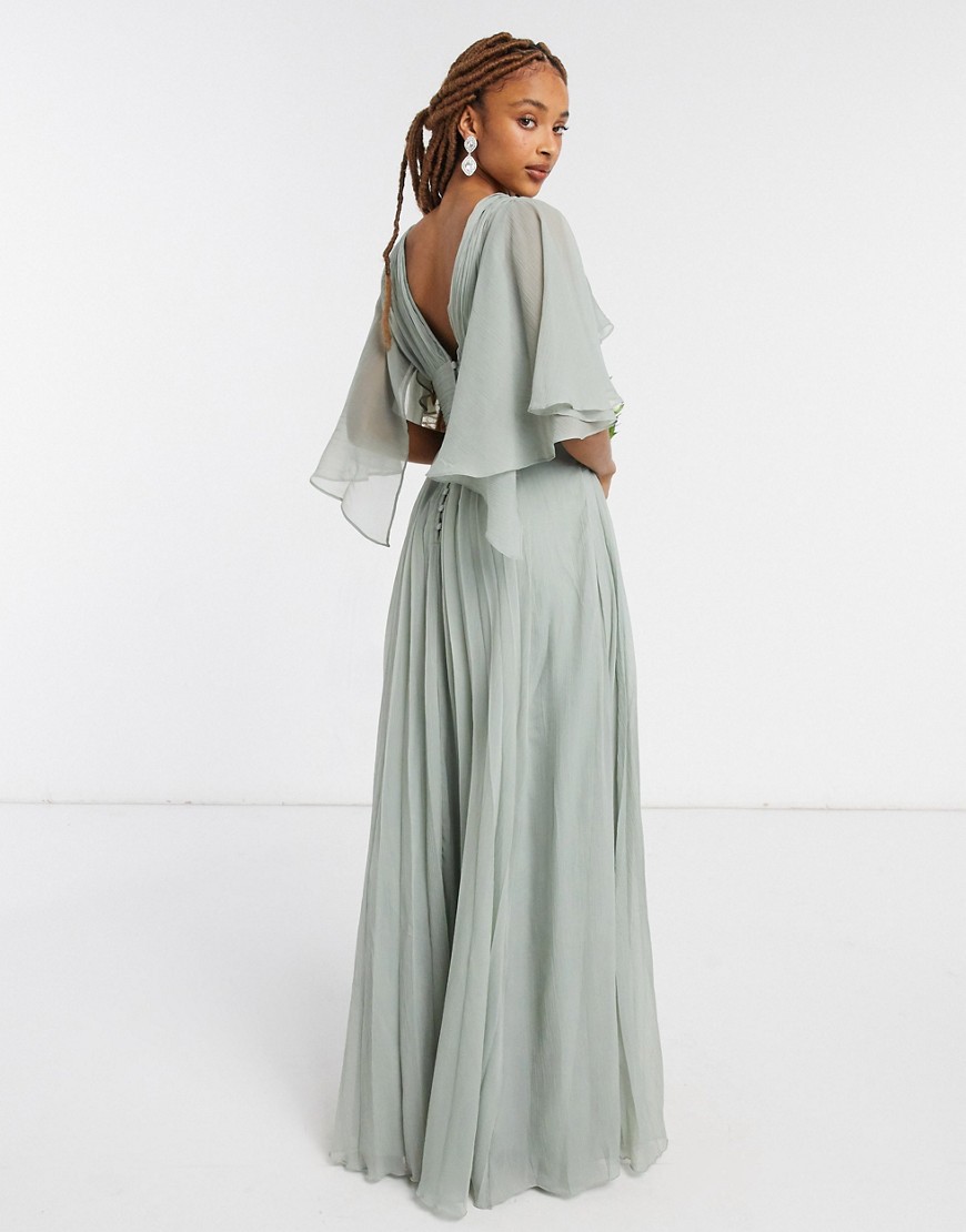 ASOS DESIGN Bridesmaid ruched bodice drape maxi dress with wrap waist and flutter cape sleeve-Green