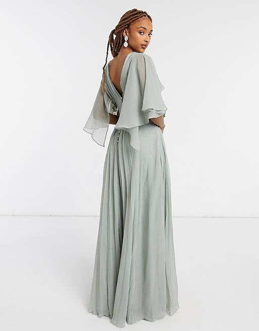 ASOS DESIGN Bridesmaid ruched bodice drape maxi dress with wrap waist and flutter cape sleeve