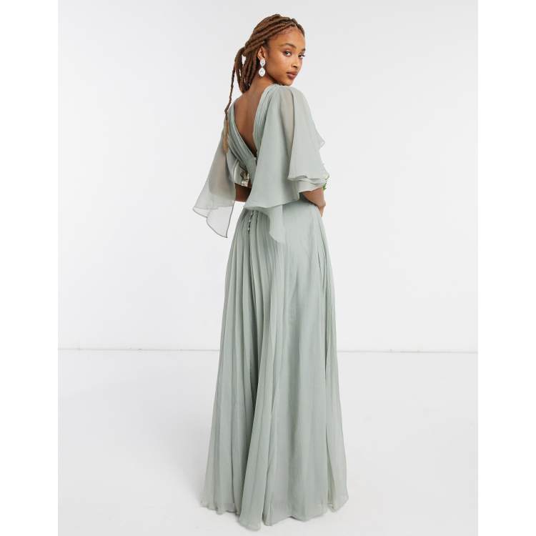 ASOS DESIGN Bridesmaid ruched bodice drape maxi dress with wrap waist and  flutter cape sleeve