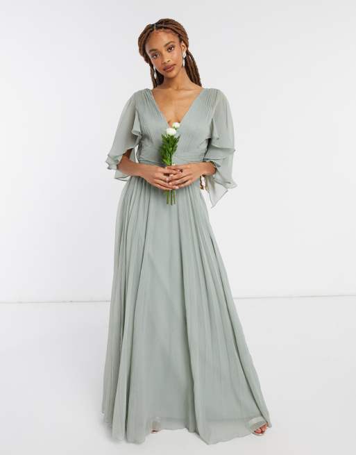 ASOS DESIGN Bridesmaid ruched bodice drape maxi dress with wrap waist and  flutter cape sleeve