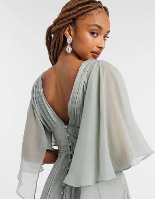 ASOS DESIGN Bridesmaid ruched bodice drape maxi dress with wrap waist and  flutter cape sleeve