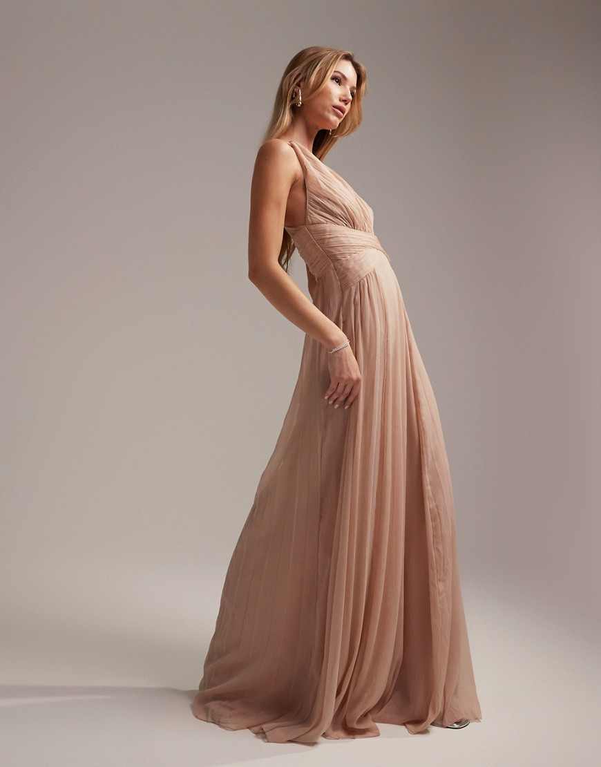 ASOS DESIGN Bridesmaid ruched bodice drape maxi dress with wrap waist in blush-Pink