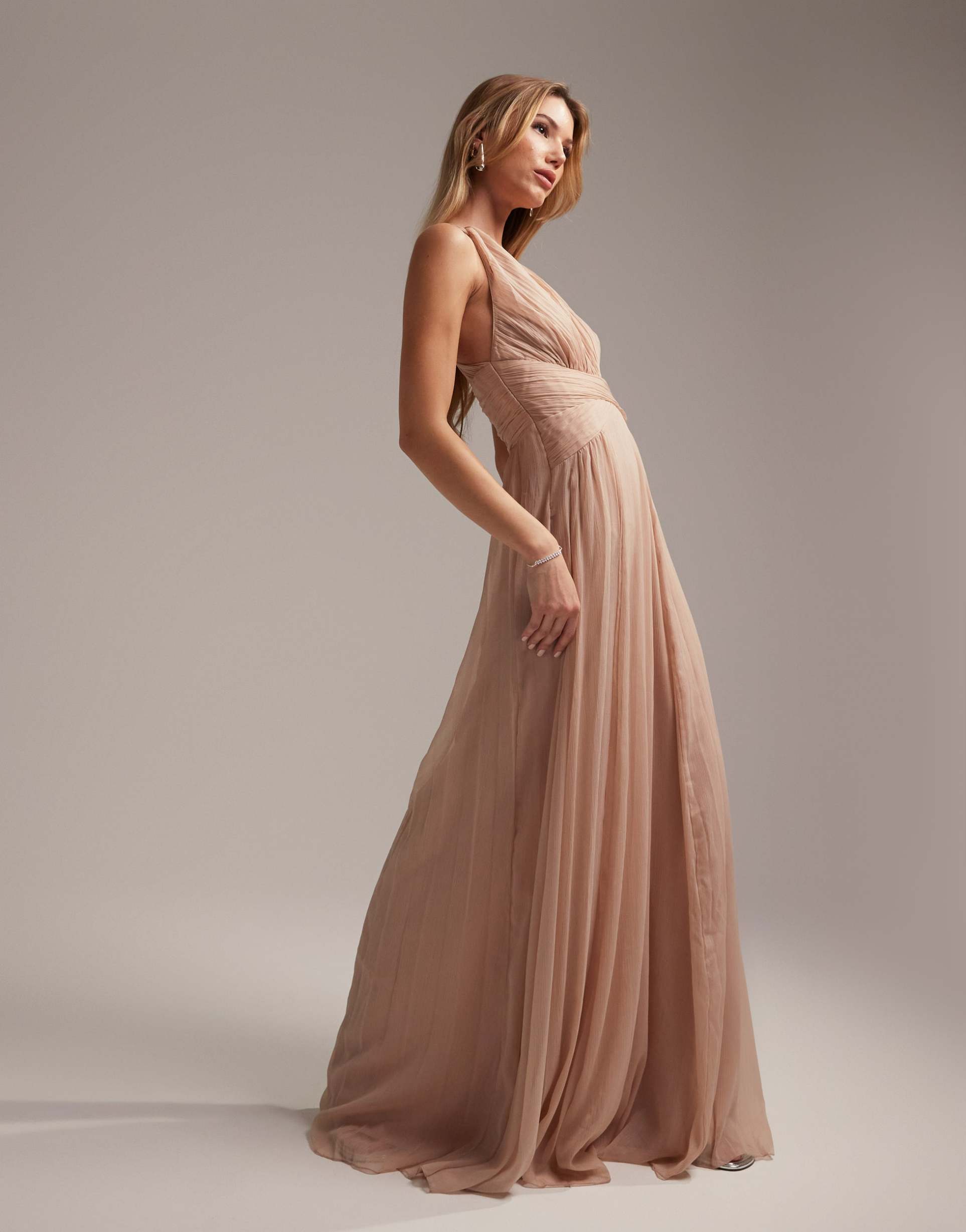 asos design bridesmaid ruched bodice drape maxi dress with wrap waist in blush