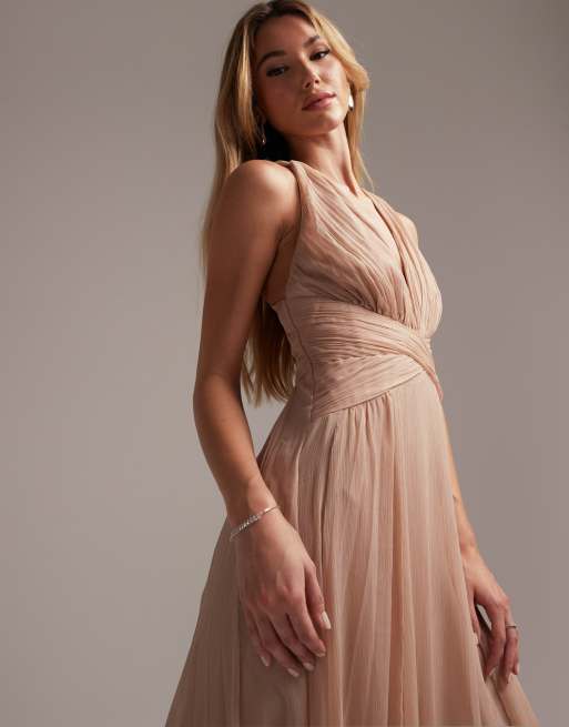 ASOS DESIGN Bridesmaid ruched bodice drape maxi dress with wrap waist in  blush