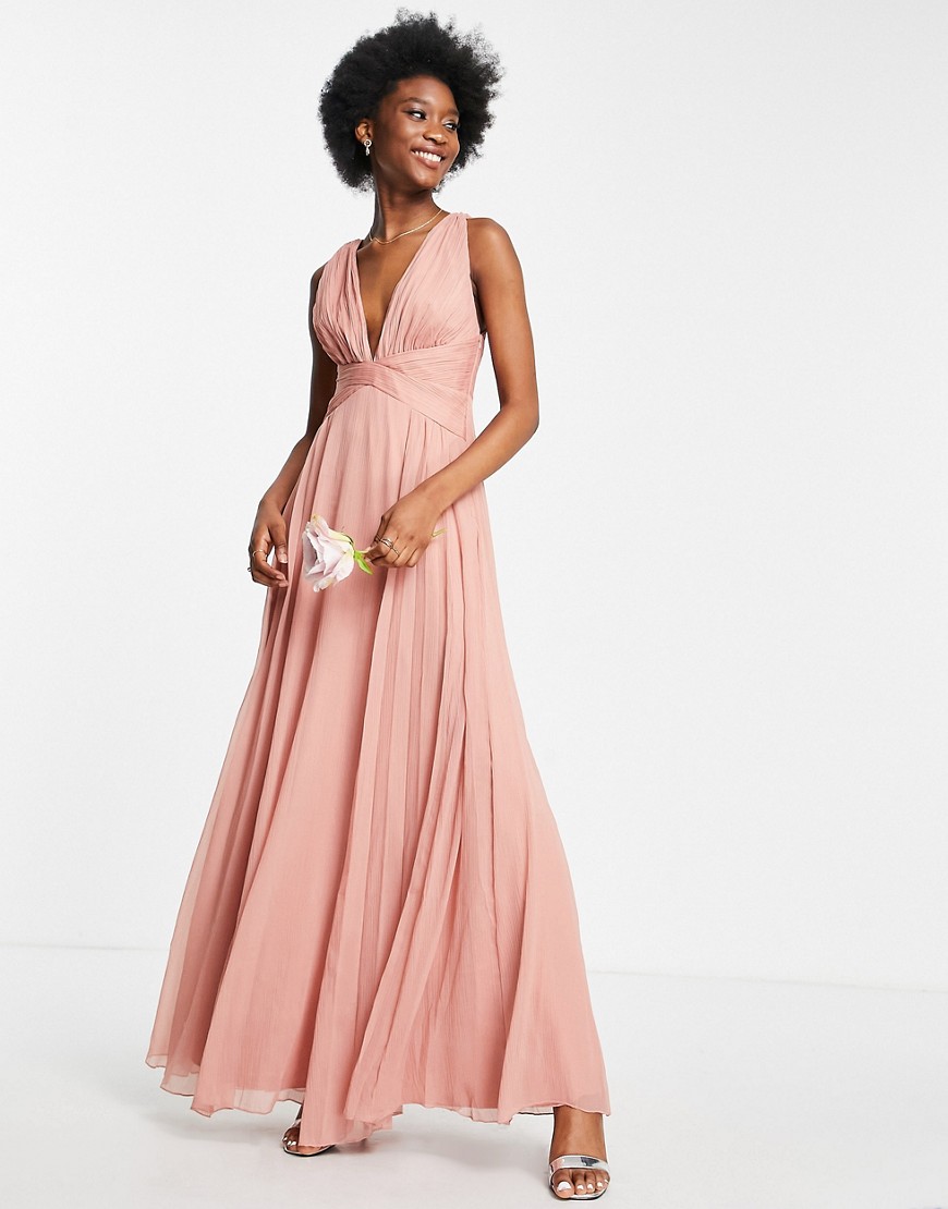 ASOS DESIGN Bridesmaid ruched bodice drape maxi dress with wrap waist in dark rose-Pink
