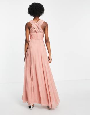 ASOS DESIGN Bridesmaid ruched bodice drape maxi dress with wrap waist in  dark rose