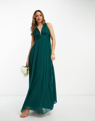 ASOS DESIGN Bridesmaid ruched bodice drape maxi dress with wrap waist in forest green