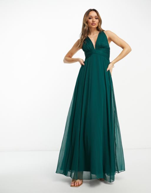ASOS DESIGN Bridesmaid ruched bodice drape maxi dress with wrap waist in forest green, 4 of 4