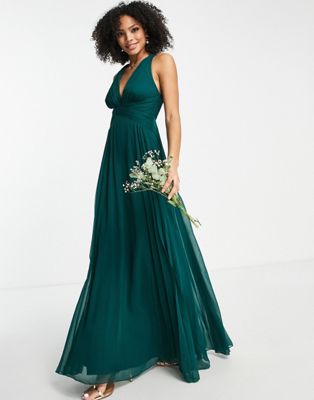 ASOS DESIGN Bridesmaid ruched bodice drape maxi dress with wrap waist in forest green