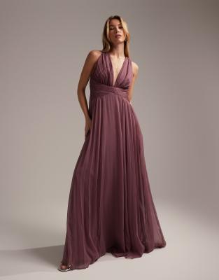 Bridesmaid ruched bodice drape maxi dress with wrap waist in mauve-Purple