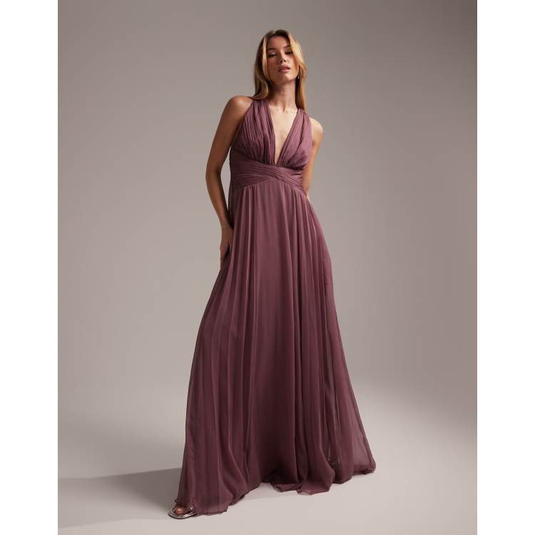 ASOS DESIGN Bridesmaid ruched bodice drape maxi dress with wrap waist and  flutter cape sleeve in blush - ShopStyle