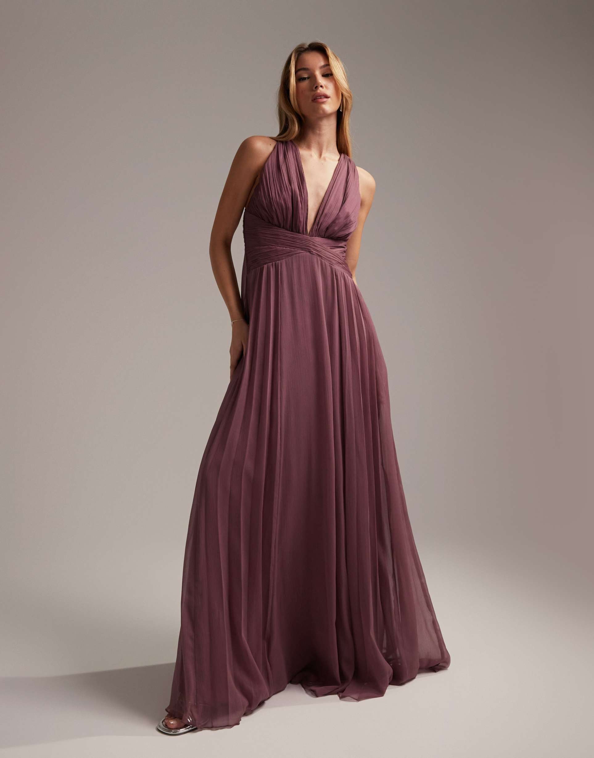 asos design bridesmaid ruched bodice drape maxi dress with wrap waist in mauve