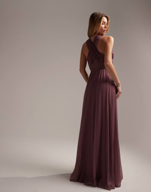 ASOS DESIGN Bridesmaid ruched bodice drape maxi dress with wrap waist in  mauve