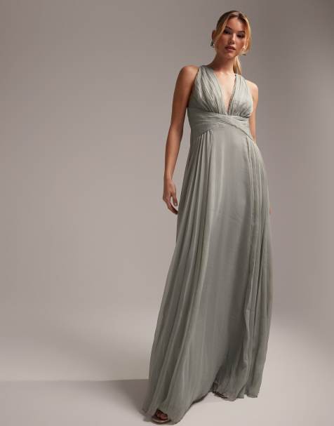 ASOS DESIGN Bridesmaid fallen shoulder drape maxi dress with layered wrap  skirt in olive