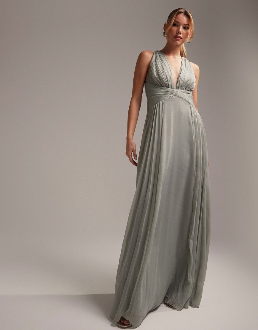 ASOS DESIGN Bridesmaid ruched bodice drape maxi dress with wrap waist in olive-Green