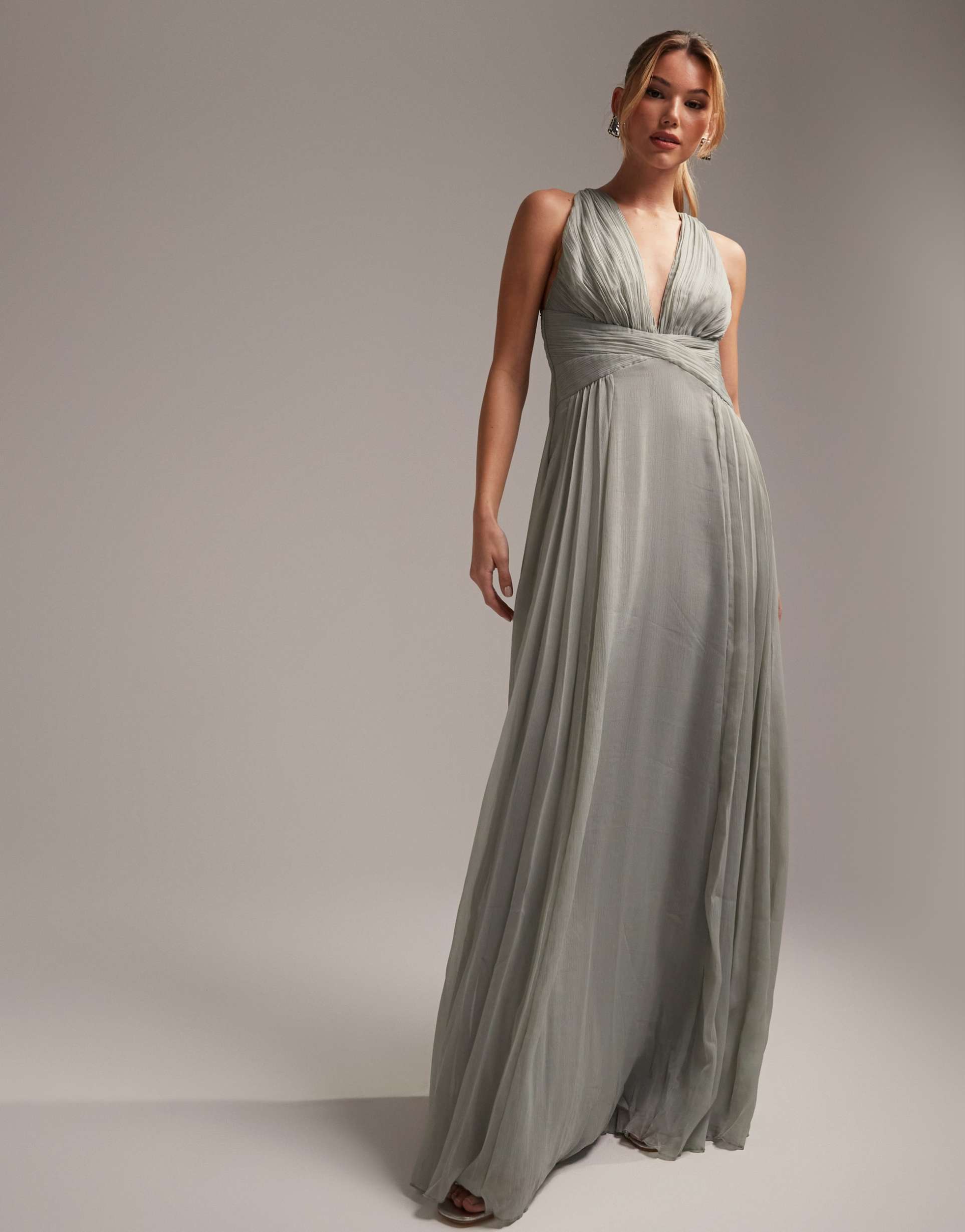 asos design bridesmaid ruched bodice drape maxi dress with wrap waist in olive