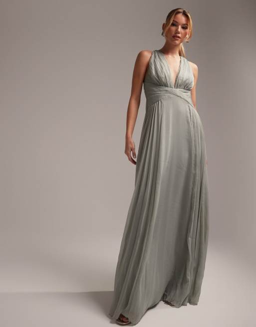 FhyzicsShops DESIGN Bridesmaid ruched bodice drape maxi dress Ankle with wrap waist in olive