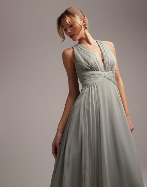 ASOS DESIGN Bridesmaid ruched bodice drape maxi dress with wrap waist in  Olive