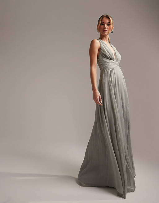ASOS DESIGN Bridesmaid ruched bodice drape maxi dress with wrap waist in Olive