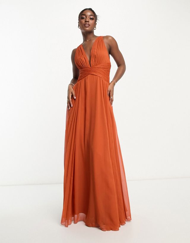 ASOS DESIGN Bridesmaid ruched bodice drape maxi dress with wrap waist in rust