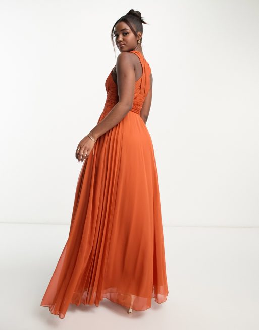 ASOS DESIGN Bridesmaid ruched bodice drape maxi dress with wrap waist in  rust