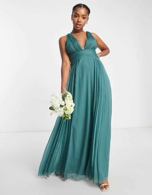 ASOS DESIGN Bridesmaid ruched bodice drape maxi dress with wrap waist in smoke green