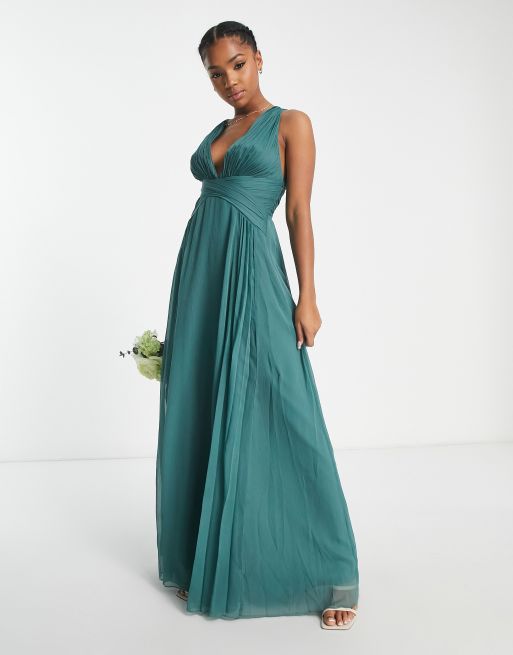 ASOS DESIGN Bridesmaid ruched bodice drape maxi dress with wrap waist in  smoke green