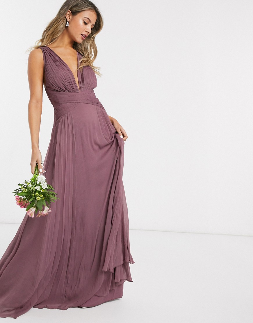 ASOS DESIGN Bridesmaid ruched bodice drape maxi dress with wrap waist-Pink