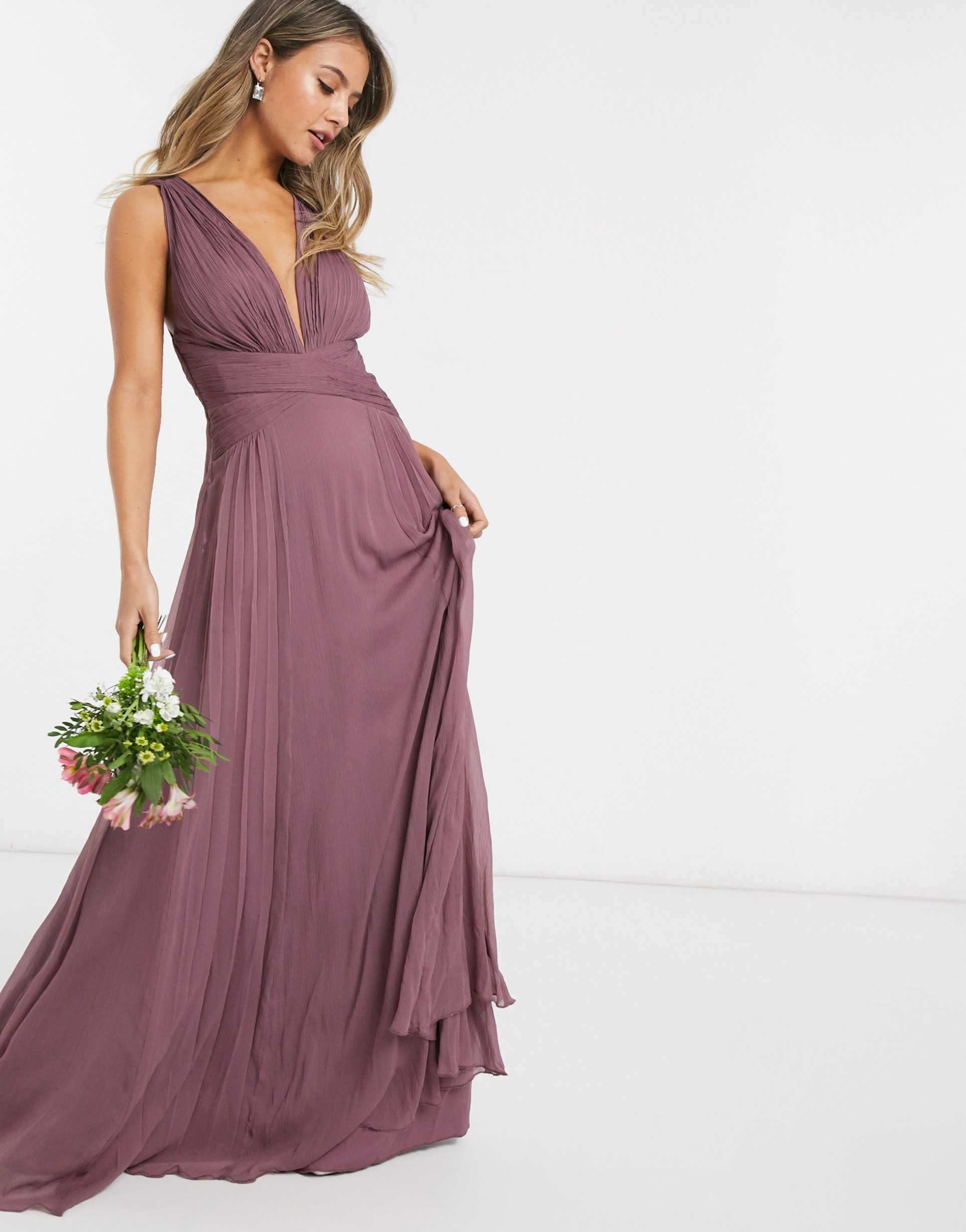 asos design bridesmaid ruched bodice drape maxi dress with wrap waist