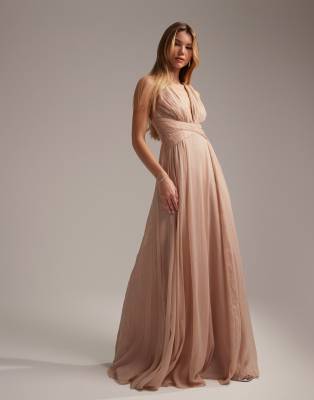 ASOS DESIGN Bridesmaid ruched bodice drape maxi dress with wrap waist and  flutter cape sleeve - ShopStyle