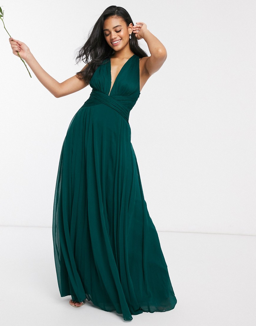 Product photo of Asos design bridesmaid ruched bodice drape maxi dress with wrap waist - green