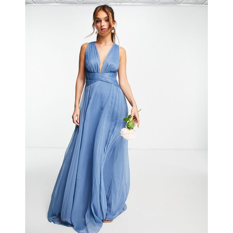 ASOS DESIGN ruched bodice drape maxi dress with wrap waist in blue