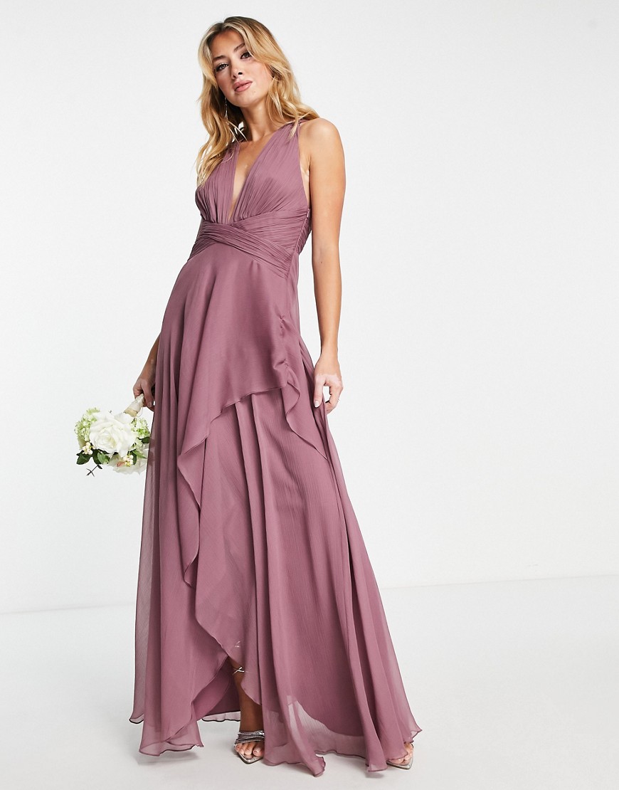 ASOS DESIGN Bridesmaid ruched bodice maxi dress with layered wrap skirt in mauve-Green