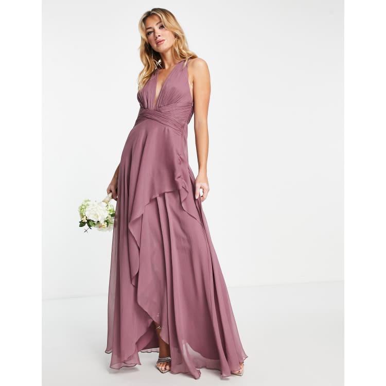 ASOS Tall ASOS DESIGN Tall Bridesmaid ruched waist maxi dress with long  sleeves and pleat skirt in Mauve - ShopStyle