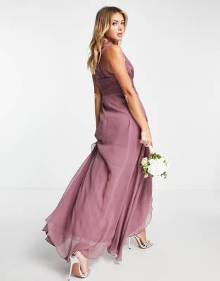 ASOS DESIGN Bridesmaid ruched bodice maxi dress with layered wrap skirt in mauve