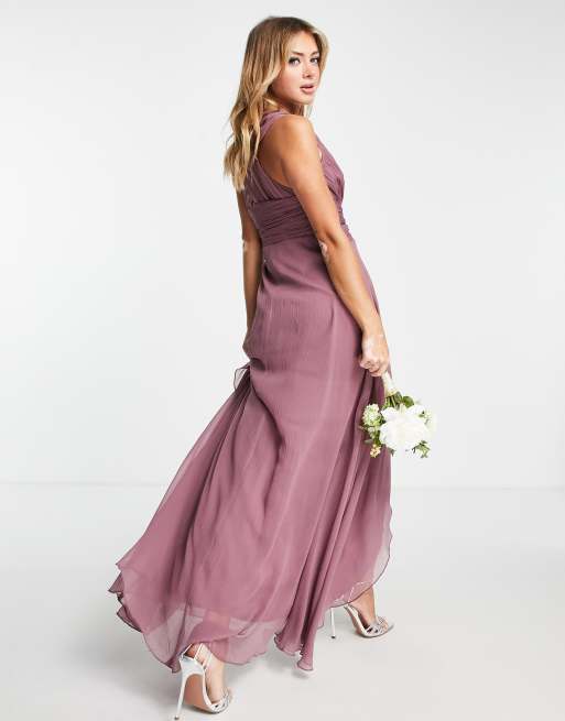 ASOS DESIGN Bridesmaid ruched bodice maxi dress with layered wrap skirt in  mauve