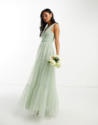 ASOS DESIGN Bridesmaid ruched bodice midaxi dress with tiered skirt and pearl scatter detail in sage