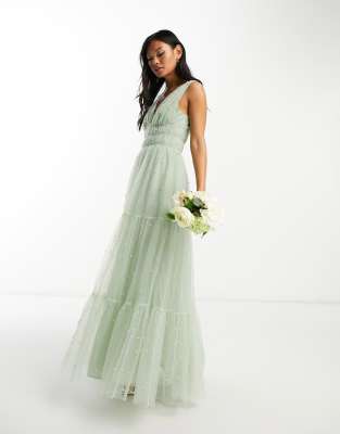 ASOS DESIGN Bridesmaid ruched bodice midaxi dress with tiered skirt and pearl scatter detail in sage