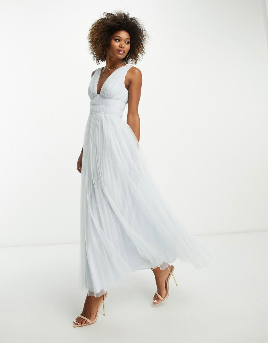 ASOS DESIGN Bridesmaid ruched bodice midaxi dress with tiered skirt in blue