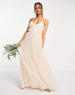 ASOS DESIGN ASOS DESIGN Bridesmaid ruched cami maxi dress with pleated tulle skirt in champagne-Pink