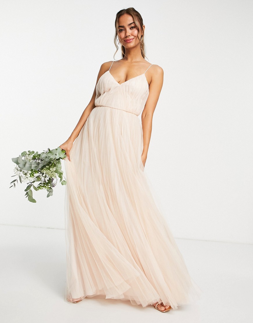 ASOS DESIGN Bridesmaid ruched cami maxi dress with pleated tulle skirt in champagne-Pink
