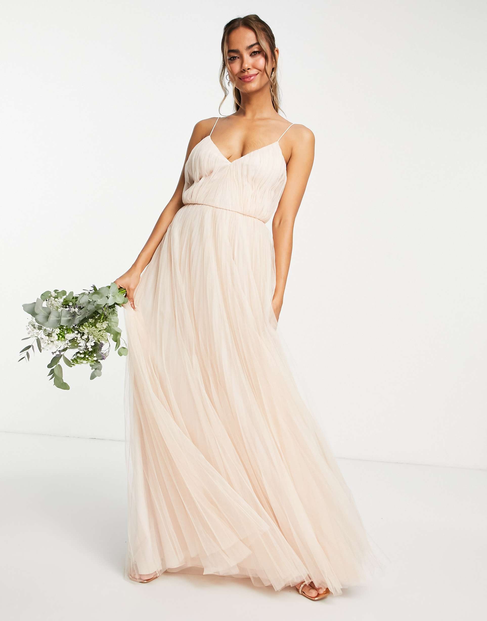 asos design bridesmaid ruched cami maxi dress with pleated tulle skirt in champagne