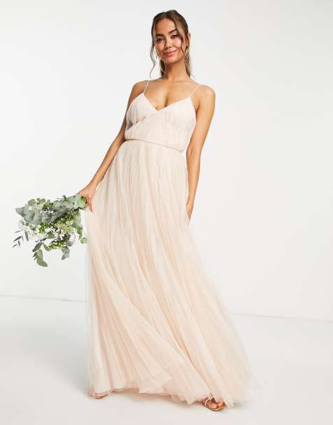 ASOS DESIGN Bridesmaid ruched cami maxi dress with pleated tulle skirt in champagne