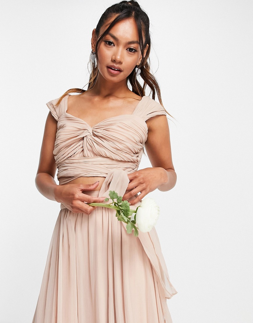 ASOS DESIGN Bridesmaid ruched crop top with wrap detail in blush - part of a set-Pink